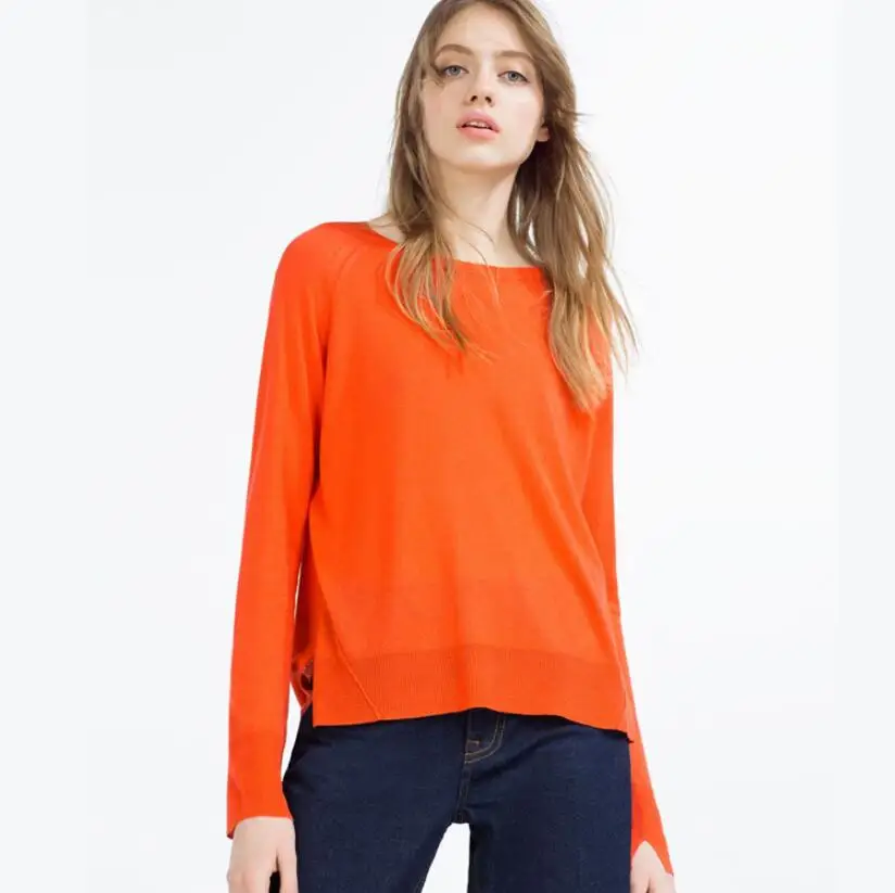 100% Pure Cashmere O Neck Orange Sweater Pullover Long Sleeve Female Spring/autumn Irregular Style Jumper Women |