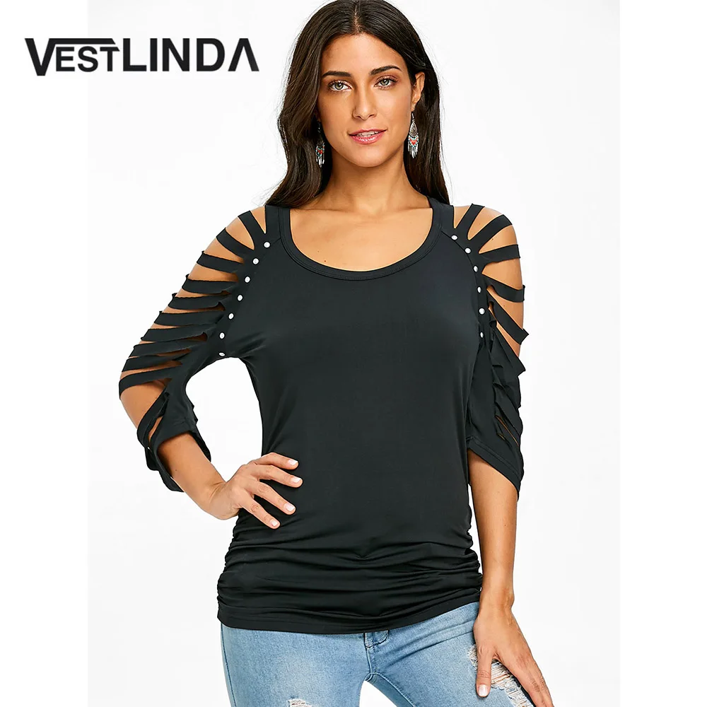 VESTLINDA футболка с глубоким круглым вырезом рваным рукавом реглан женская одежда