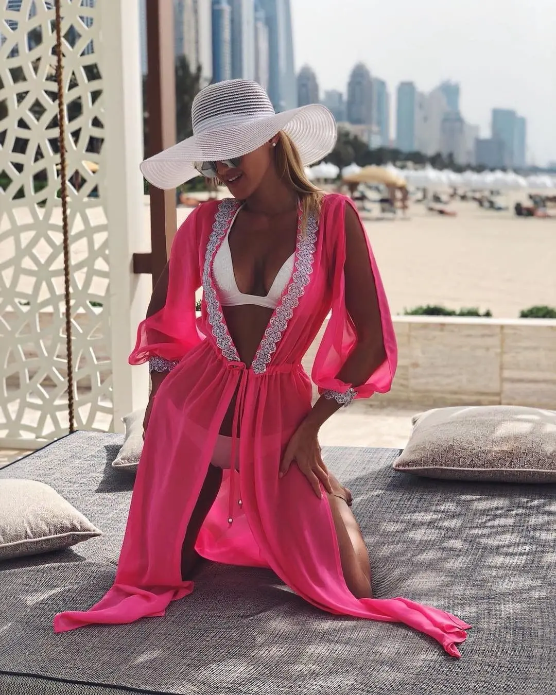 Rose red Модный кардиган, сексуальное женское пляжное платье, богемное однотонное кружевное бикини, накидка, пляжная одежда - Цвет: Rose red