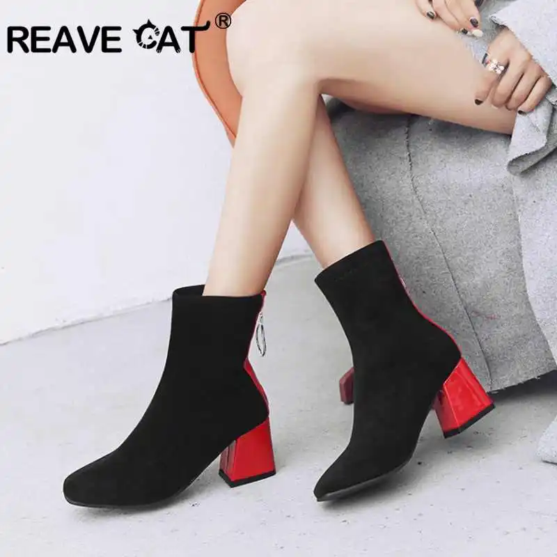 Женские ботильоны с острым носком REAVE CAT зимние черные ботинки из искусственной