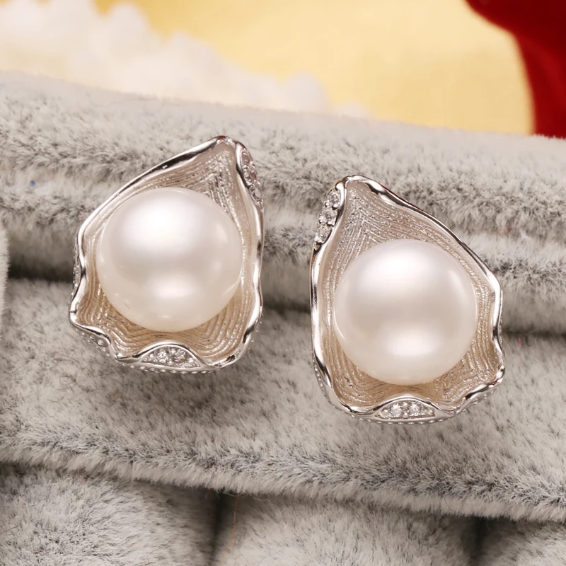 Женские серьги гвоздики из серебра 925 пробы с натуральным пресноводным