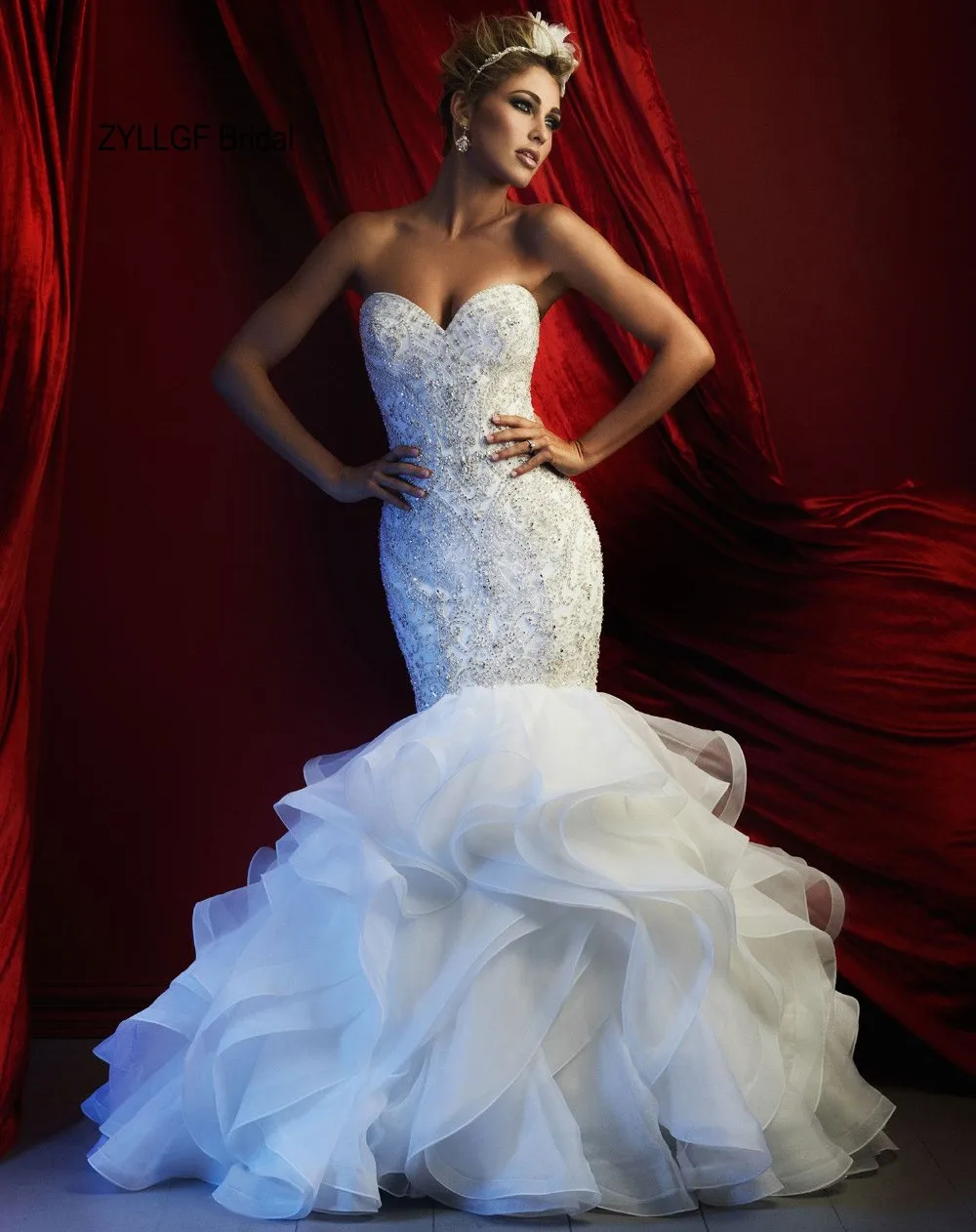 2017 Люкс Русалка Свадебные Платья Кристалл Бисера Милая Белый/Слоновая Кость