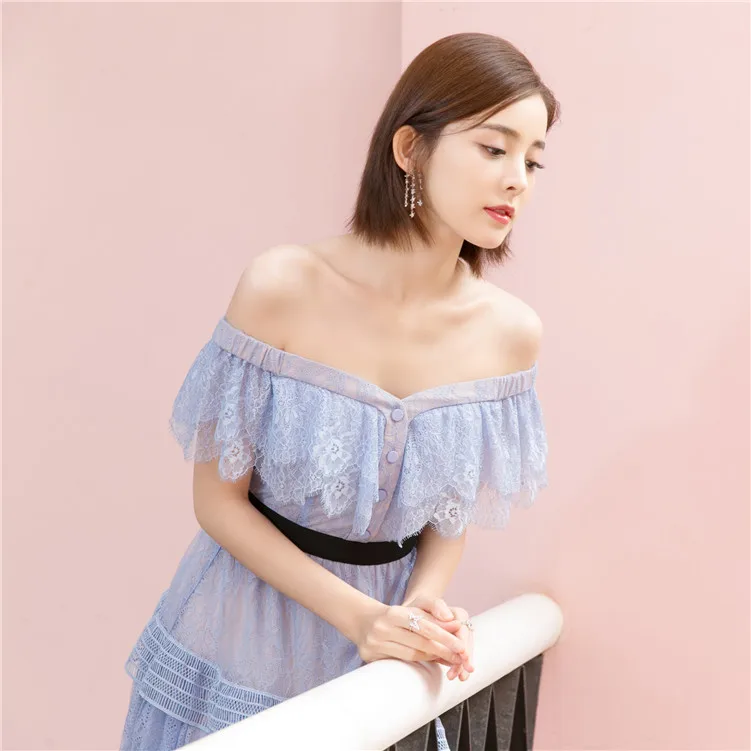 High-end Custom SP 2018 Newest Fashion Blue Women Short Sleeve Slash Neck Party Dresses High Quality Lace Slim Mini Dress | Женская