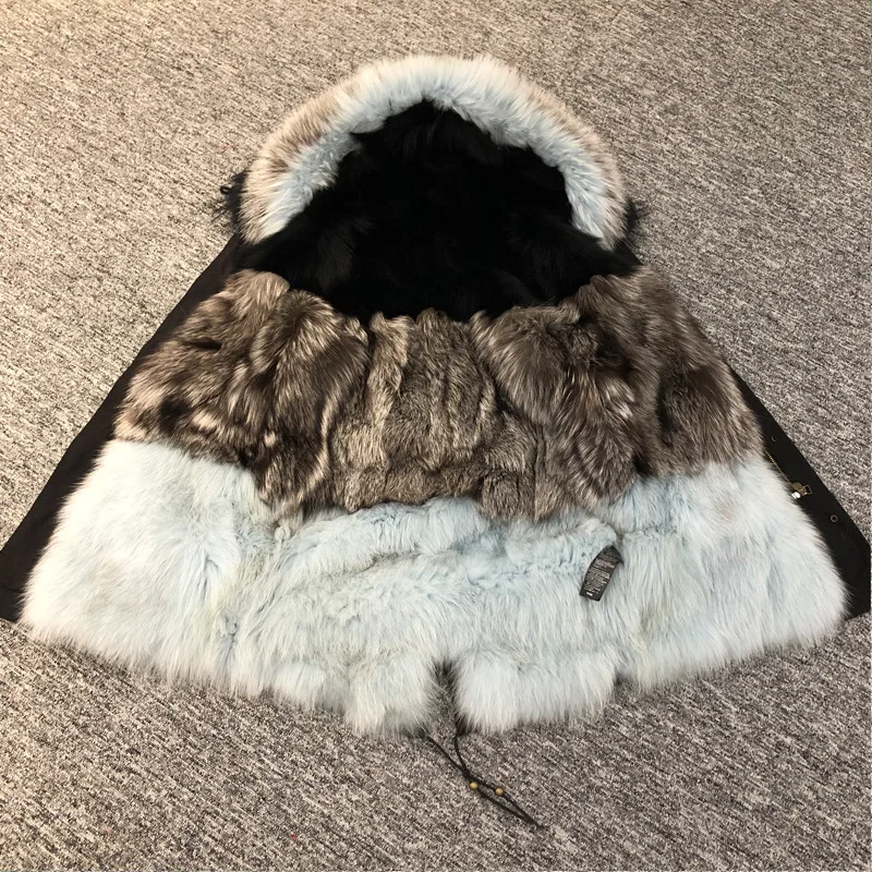 the women of new fund 2018 autumn winters in blue coat three spell fox fur bladder long silver | Женская одежда