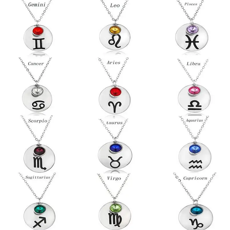 Горячая продажа полированная монета Zodia с камнем рождения кулон короткой цепью