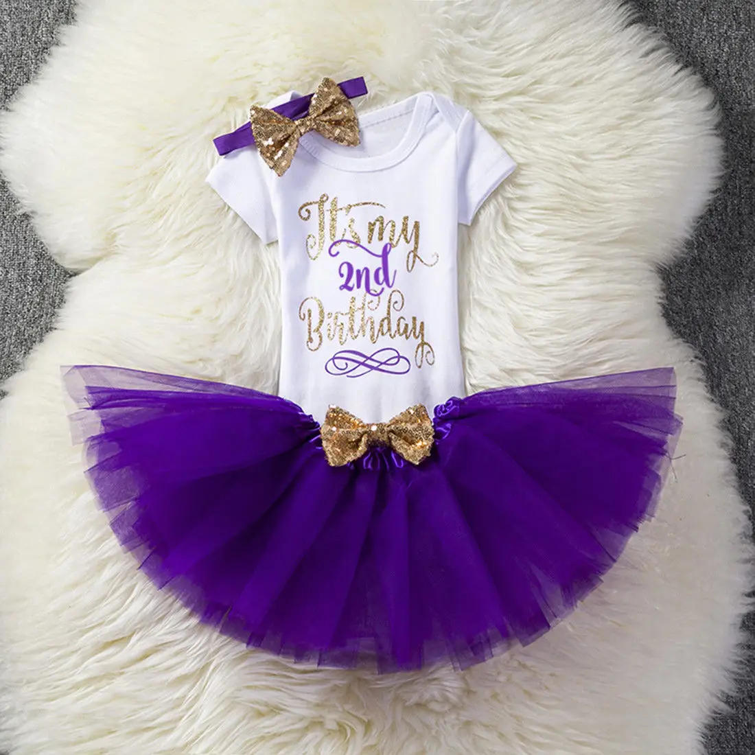 Purp Second Birthday Брендовый комбинезон на день рождения для маленьких девочек, комплект одежды, юбка-пачка с головной повязкой, вечерние комплекты из 3 предметов, одежда с короткими рукавами - Цвет: Purp Second Birthday