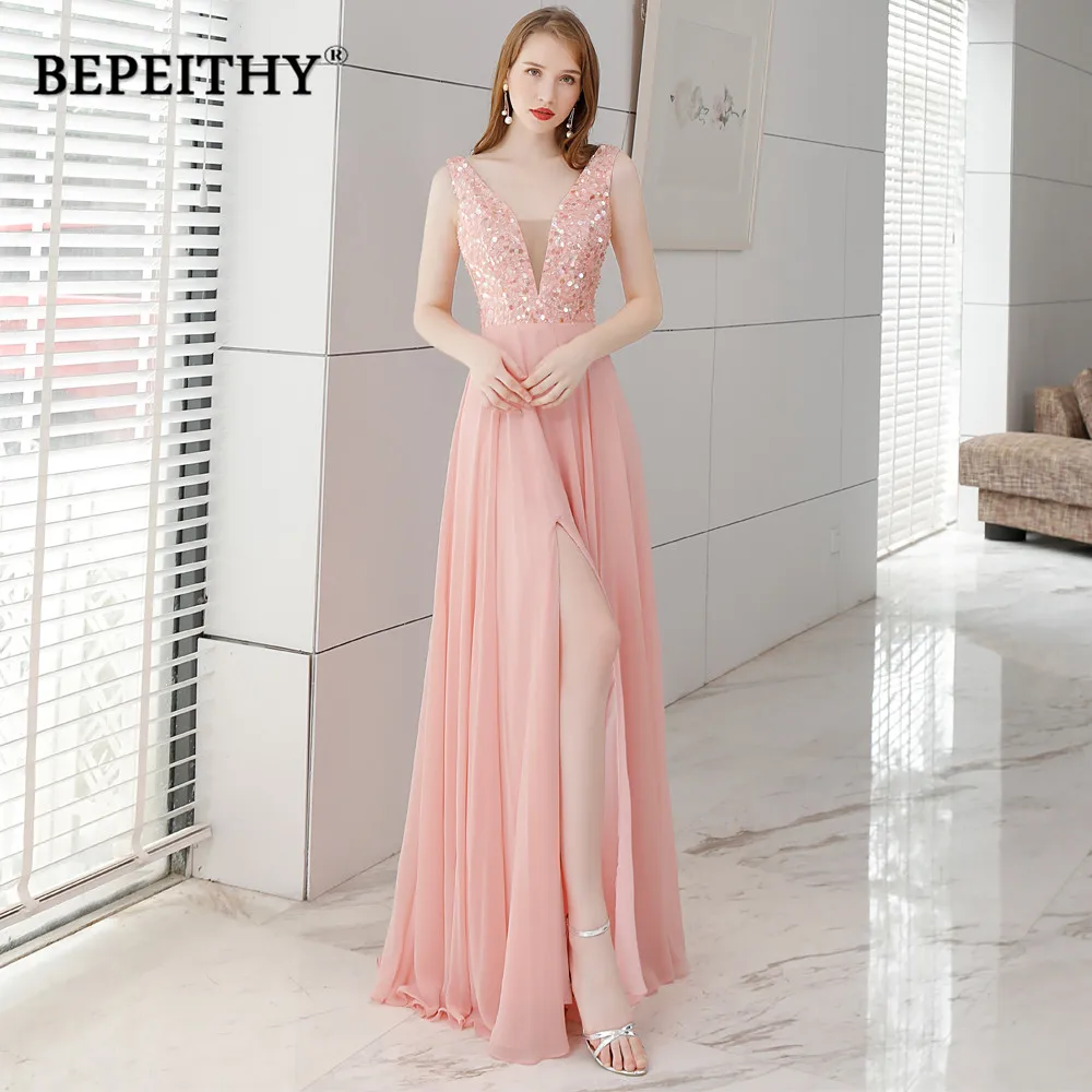 

New Design V Neck Chiffon Long Evening Dress Party Dresses Vestido De Festa Sexy Backless Floor Length Prom Gown 2021