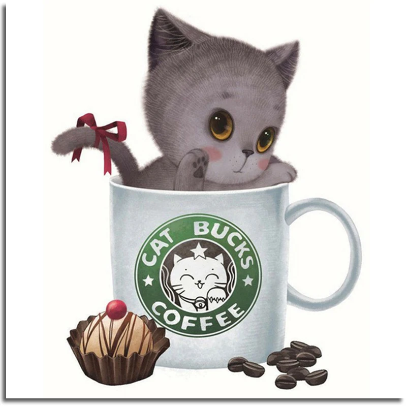 Diamond Вышивка мультфильм картина Стразы чашка кошки крестиком Наборы милые котята