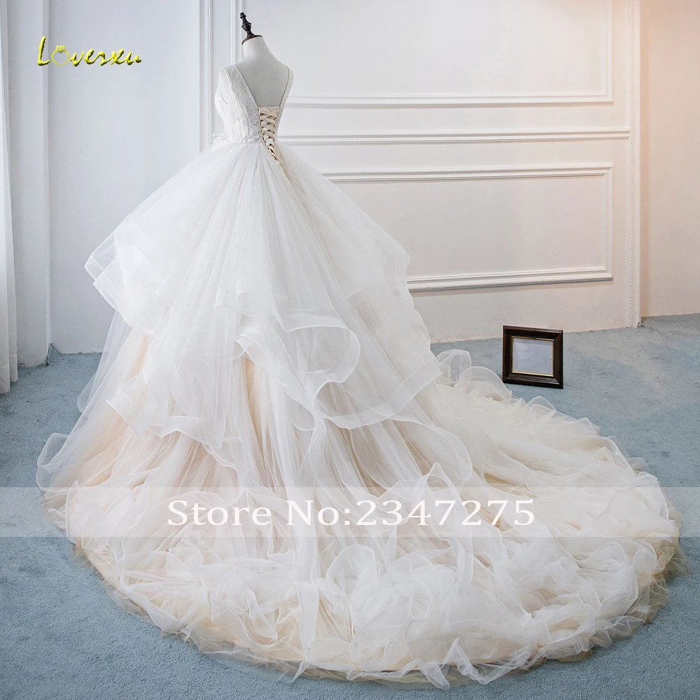 Loverxu Vestido De Noiva бальное платье с оборками свадебное платье Элегантное свадебное платье с v-образным вырезом свадебный букет со шлейфом, кружевное винтажное свадебное платье