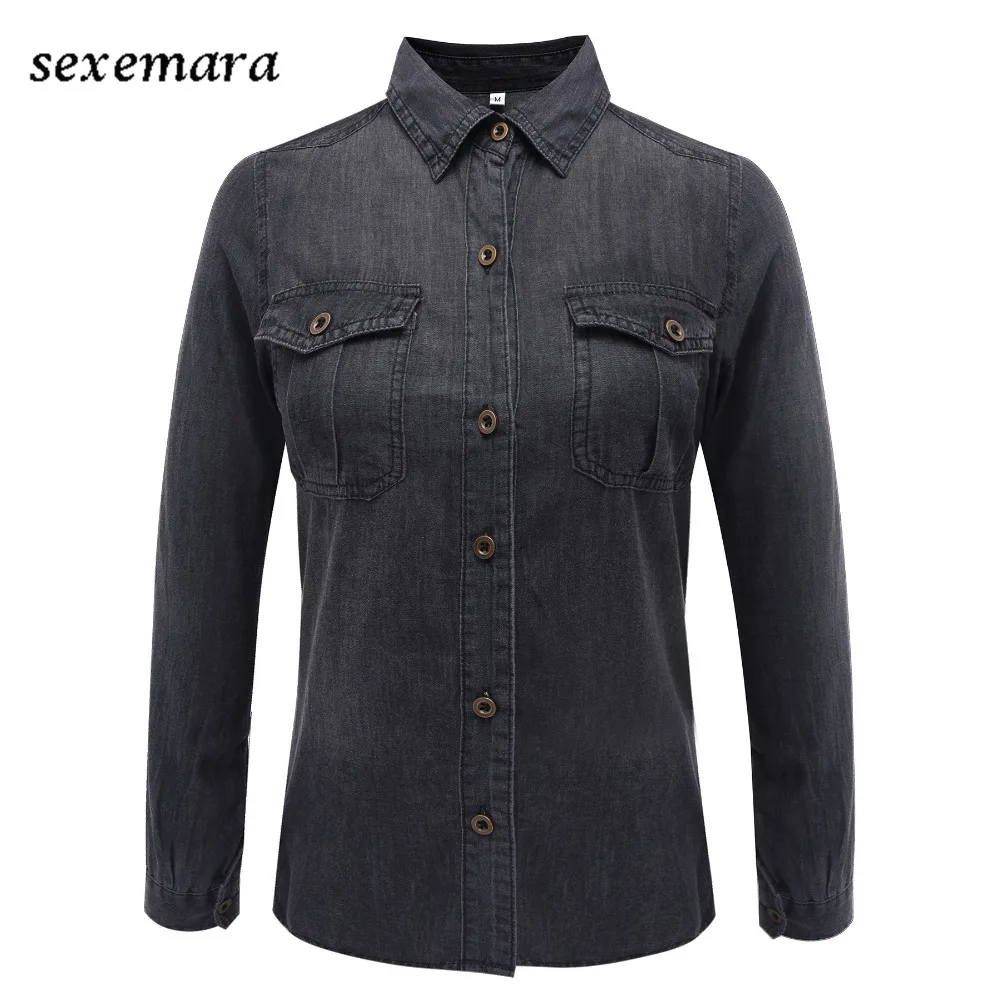 SEXEMARA женская clothing мыть джинсовой тонкий серый джинсовые рубашки блузка |