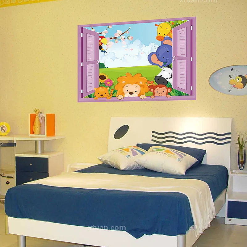Милый мультфильм лес Животное Лев Слон Обезьяна пейзаж Окно Наклейка на стену