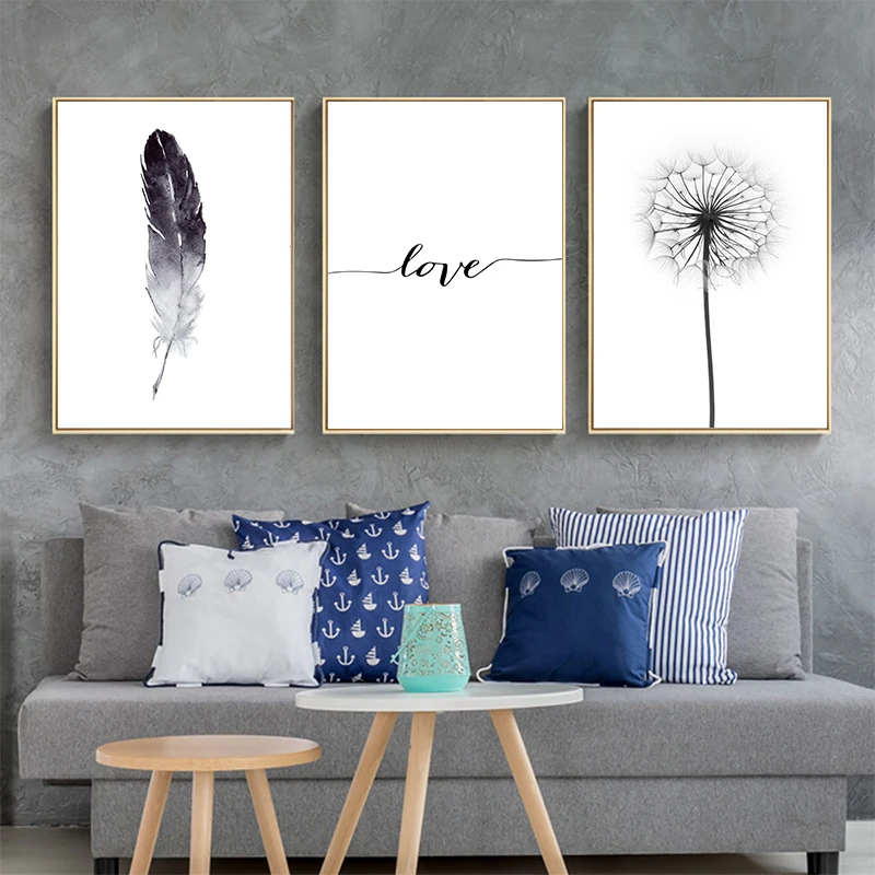 Черный и белый Одуванчик перья плакат принт с надписью Love Wall Art холст для живописи