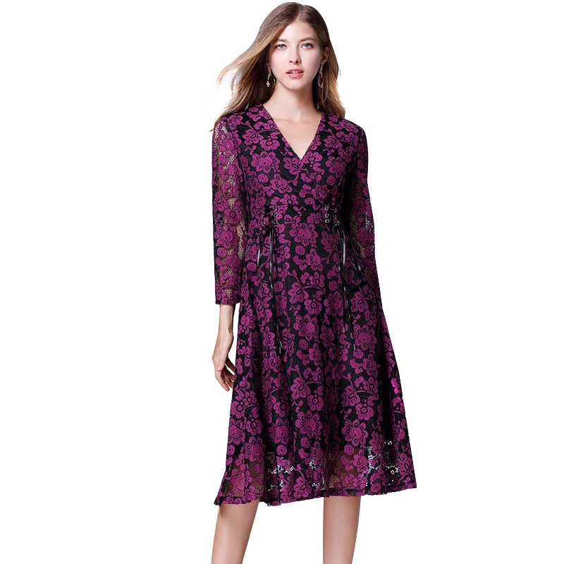 

Queechalle Purple Elegant Lace Dress Autumn Women's V Neck Floral Hollow Out Bandage Waist A-line Dress Party Plus Size Vestidos