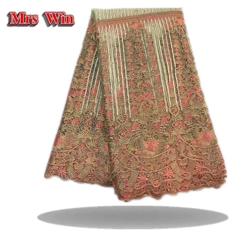 2017 Африканское кружево Нигерия высокого качества - свадебное платье с камнями риностоун на французском тюле цвета абрикос.