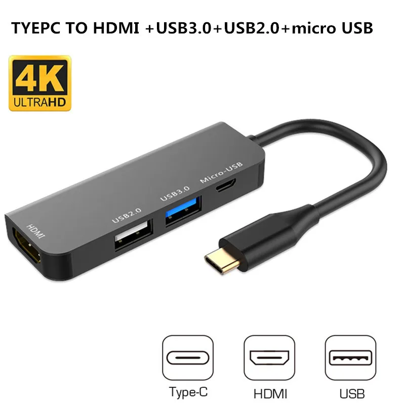 Черный Thunderbolt3 4k 30hz usb-хаб type c к hdmi usb3.0 2,0 micro usb зарядное устройство адаптер 4 в 1 для MacBook pro matebook Galaxy S10 s9 - Цвет: Черный