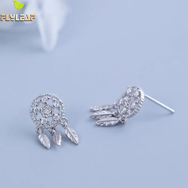 

Flyleaf 4A Cubic Zirconia Dreamcatcher Stud Earrings For Women High Quality Lady Fashion 100% 925 Sterling Silver Jewelry