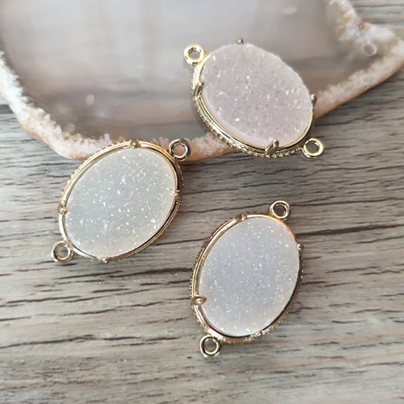 

10pcs clear oval shaped druse stone Druzy Geode Pendant Connector Double Bail DIY Making Bracelet necklace Jewelry CT204