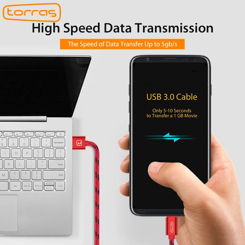 TORRAS Тип usb C кабель для samsung Galaxy Note 8 S8 S9 3A быстрый заряд телефон USB 3 0 кабеля-C Кабо Oppo