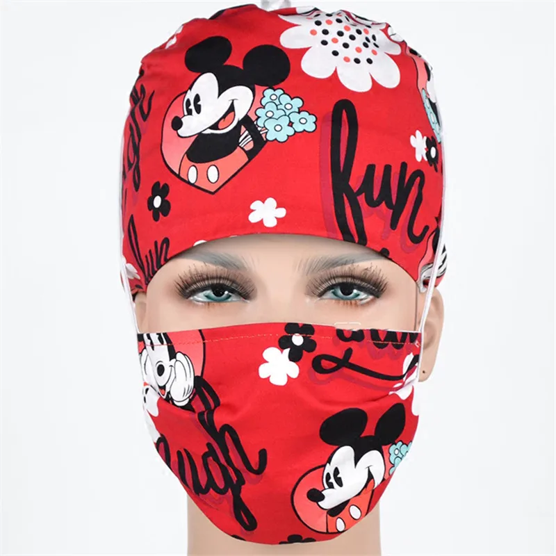 Cap and Mask Хирургическая Кепка с мышкой, хирургическая шапочка для женщин, медицинская Рабочая кепка, больничная Рабочая кепка с черепом, хлопок, Регулируемая Шапочка для медсестры, хирургические шляпы - Цвет: Cap and Mask