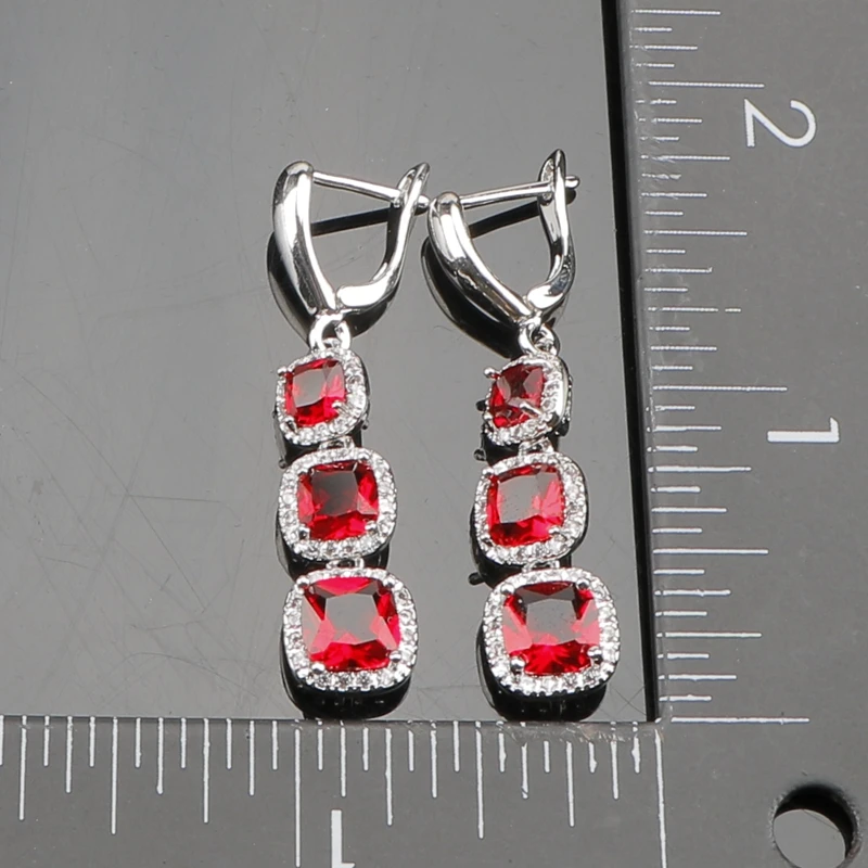 925 Sterling Silver Jewelry Sets For Women Wedding Square Red CZ White Austrian Crystal Bracelets/Earrings/Pendant/Necklace/Ring | Украшения