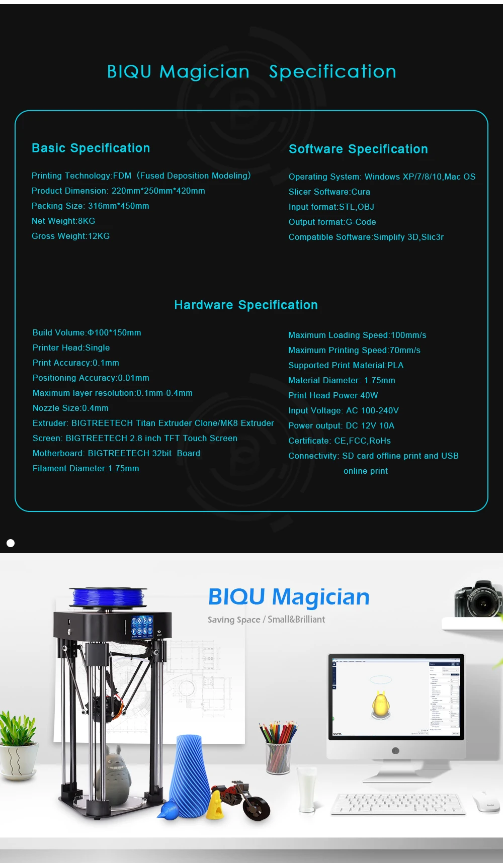 BIQU mini magician impressora delta 3d printer kits frame full assmbly multicolor with HD Touch screen 32 bit 3d printer board