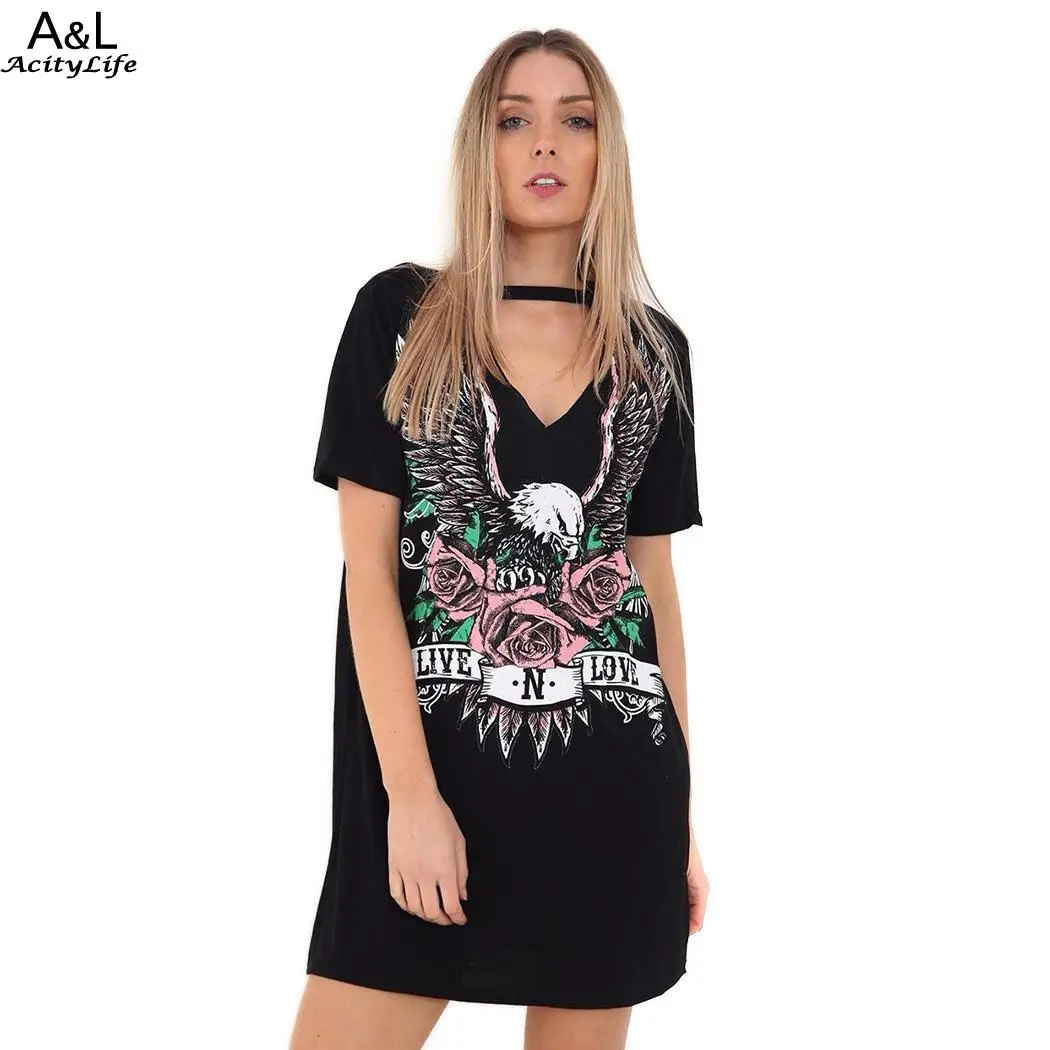 Пуловер Повседневное короткий рукав принт Choker Neck Для женщин тонкий Mini T Shirt