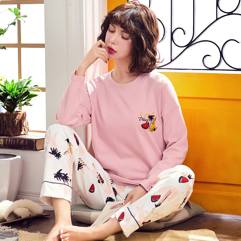 2018 New Autumn Pure Cotton Women Pajamas Long Sleeve Wide-legged Pants Home Clothes Nightgowns Sleep Lounge 2XL Plus Size | Женская