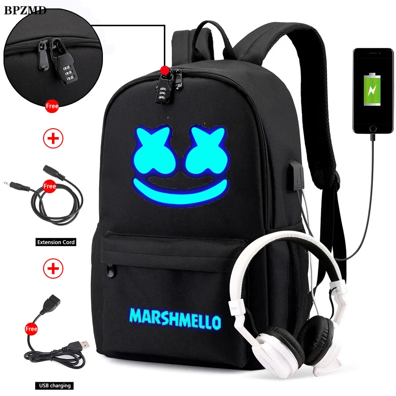 BPZMD DJ модный Противоугонный Usb Мужской Светящийся рюкзак для девочек и мальчиков Подростковая детская школьная сумка Marshmello Женская классная сумка для книг