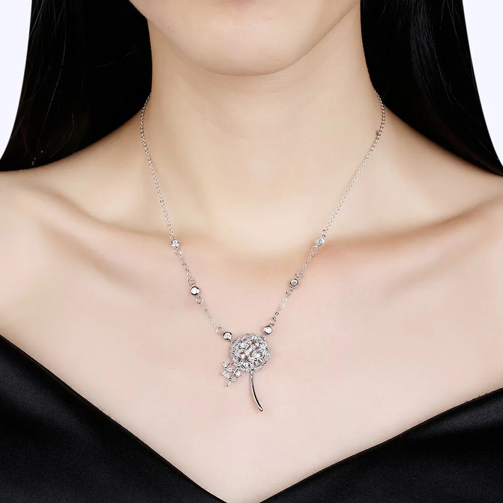 Luxury Zircon Clear Crystal Dandelion Pendant Necklace for Women Girl Gift Romantic 925 Sterling Silver Chain Jewelry Kolye | Украшения и