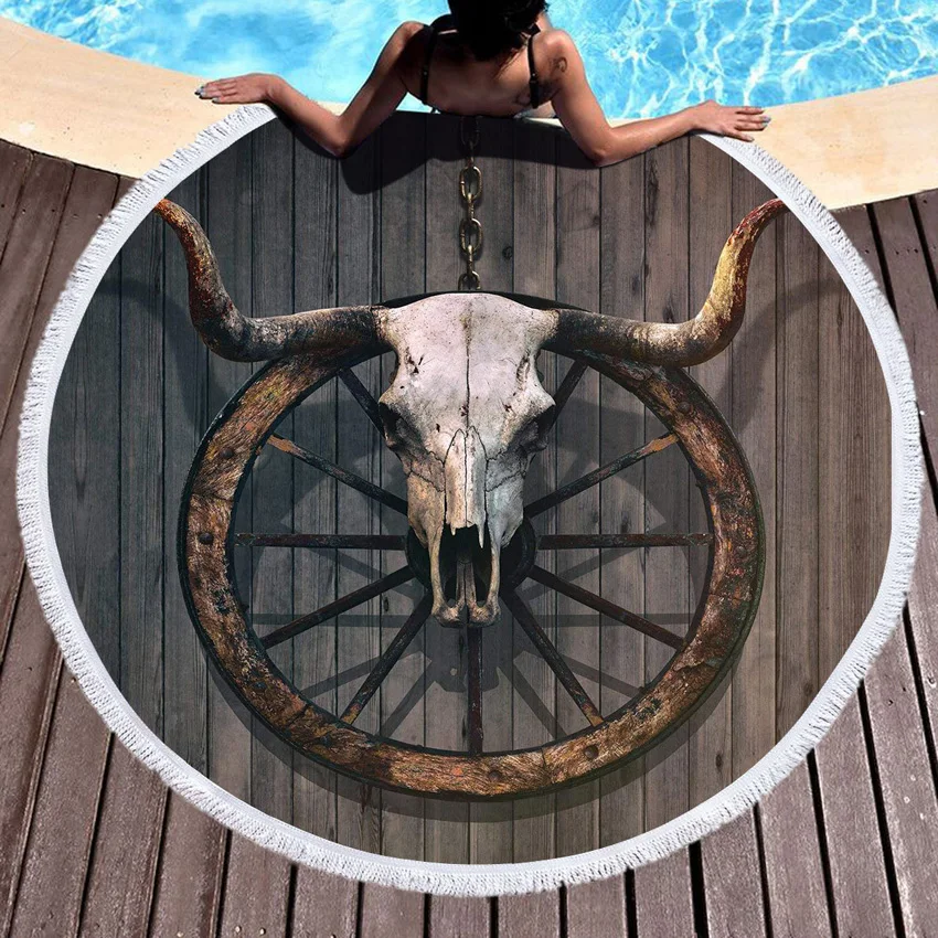 Летнее круглое пляжное полотенце Earth Bull Head из микрофибры рюкзак на шнурке сумка