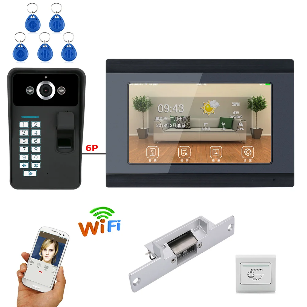 MAOTEWANG 7 дюймовый проводной/беспроводной видеодомофон с Wi Fi и сканером отпечатков