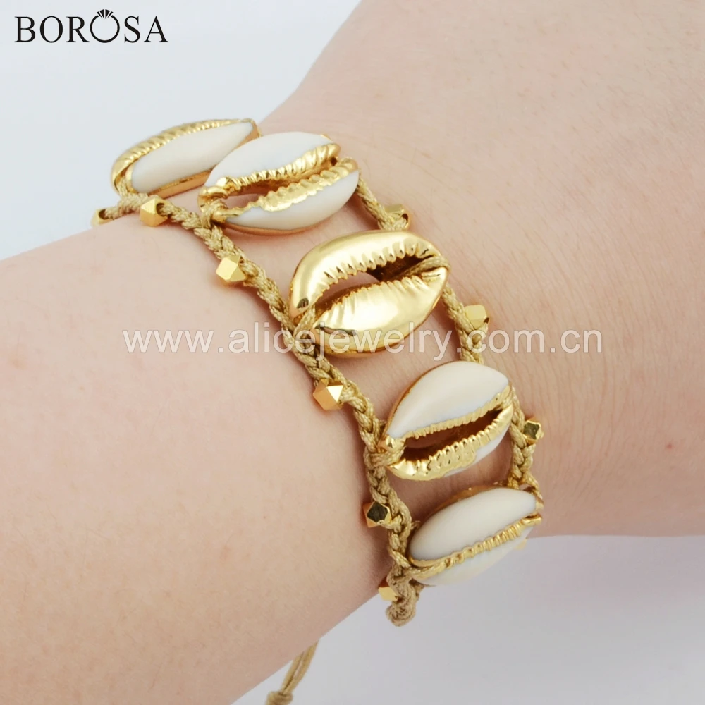 

BOROSA 5PCS Handcrafted Five Gold Color Natural Cowrie Shell 7-10inch Adjustable Bracelet Summer Beach Jewelry for Lady HD0019