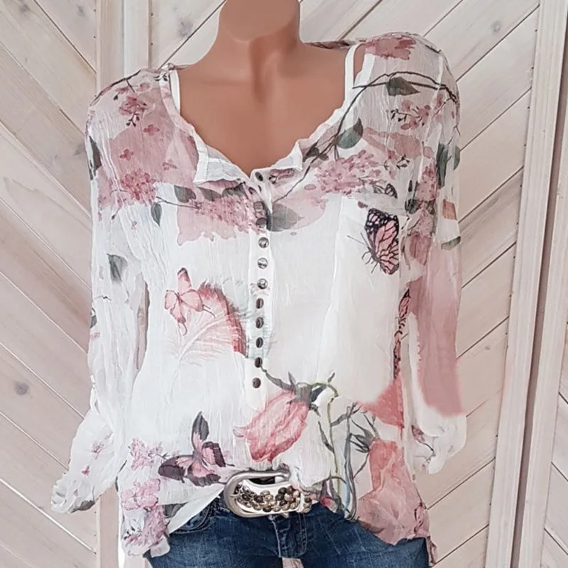 

S-5XL Plus Size Tops Women Chiffon Blouse See Through Button V Neck Slim Shirts Sweet Lady Pink White Blue Print Blouses Blusas