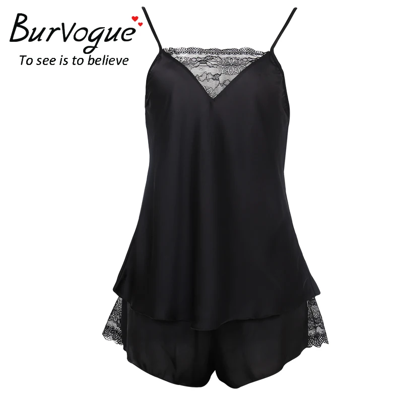 Burvogue, женские сексуальные пижамные комплекты, одежда для сна, без рукавов, на бретельках, Ночная одежда, черные кружевные пижамы, атласные, на бретельках, топ, шорты, Пижама