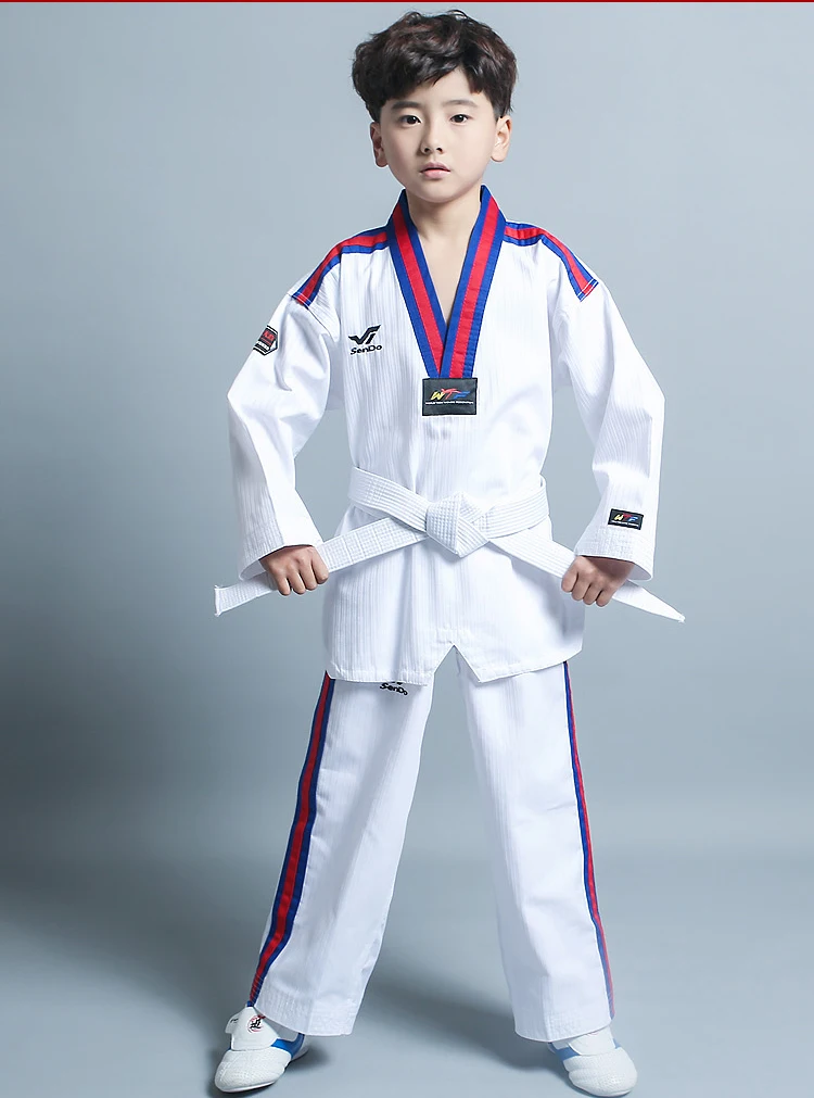 

Taekwondo Clothes Autumn and Winter WTF Doboks Child Adult Training Uniform 100% Cotton Comfortable Blue Red Stripes Collar