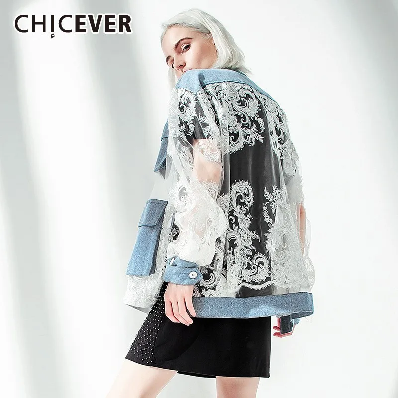 CHICEVER Лето Винтаж перспектива кружева лоскутное джинсовое Женское пальто Стенд
