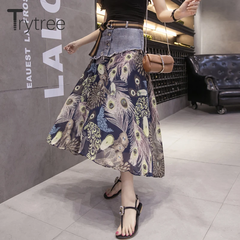 Trytree/Летняя асимметричная джинсовая Лоскутная шифоновая юбка с принтом и поясом