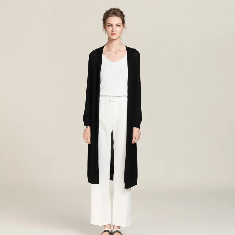2019 Women Summer Long Hooded Collar Knit Coat Mesh Cardigan Relaxed Knitted Open Stitch Shirt Quality Fabric |