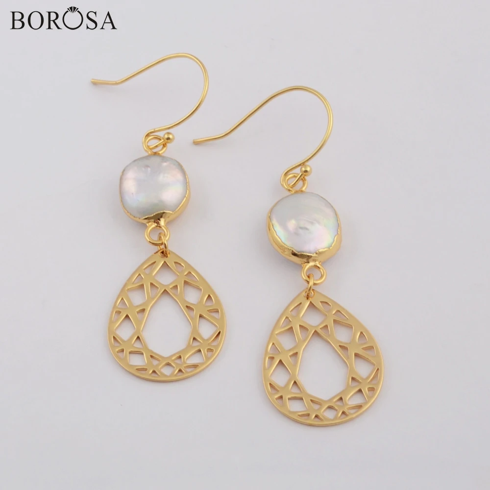 BOROSA Gild Natural Freshwater Pearl Drop Earring Round Pearl Dangle Earrings with Hollow Metal Fashion Jewelry Party Gift G1790