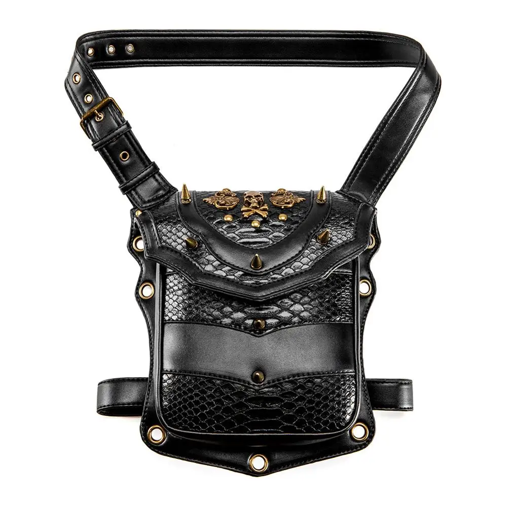 

Sladuo Womens&Men Steampunk Bags Black Leather Skull Rivet Chain Retro Rock Motorcycle Thigh Hip Waist Belt Bag Gothic Bags