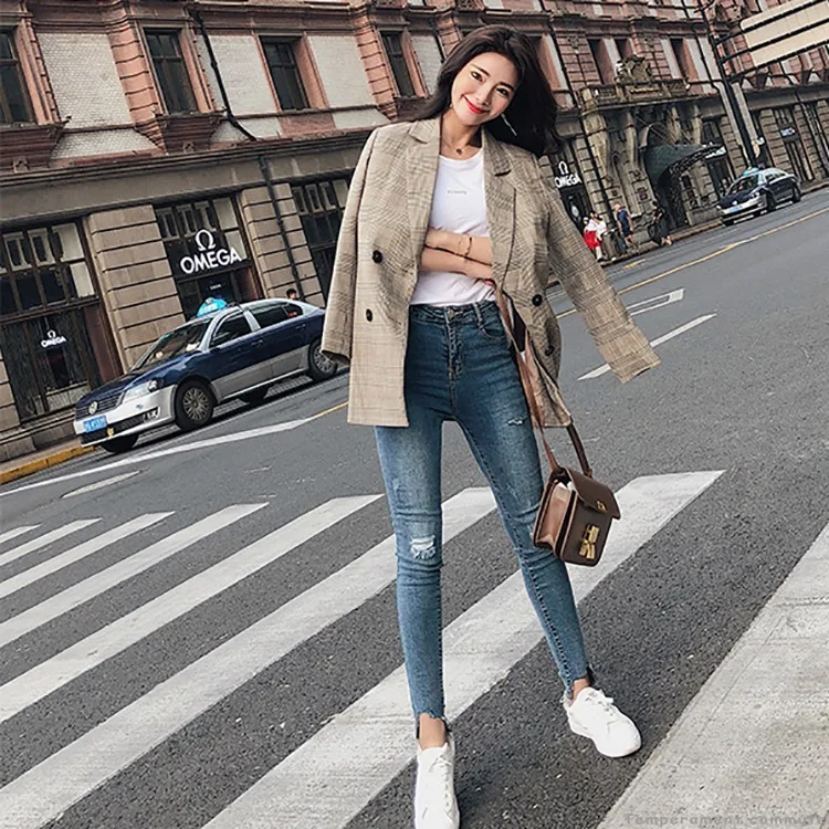 Повседневная леди блейзер 2019 осень новая корейская версия ретро чек маленький