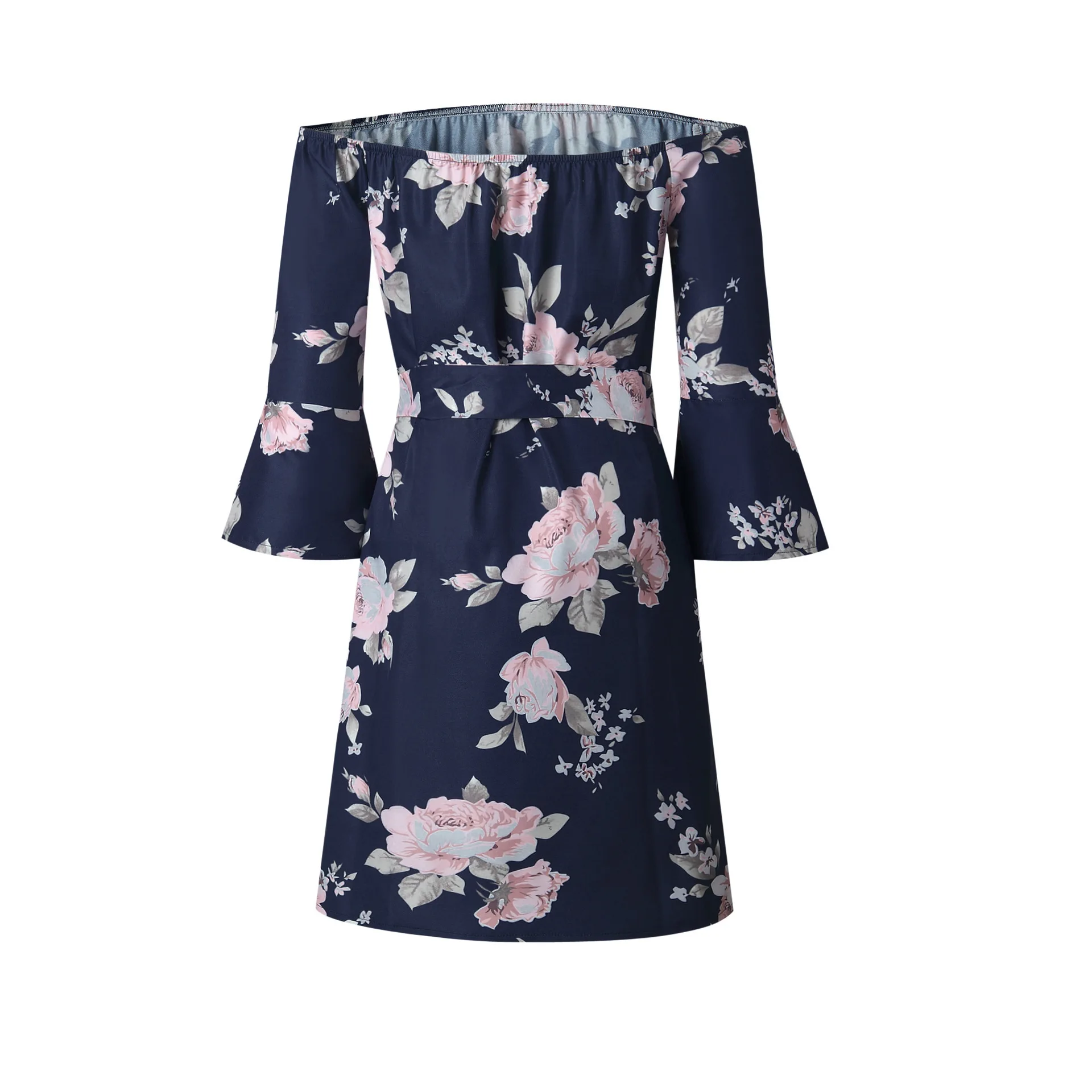 2018 Blue Black Floral Sexy Dress Off Shoulder Ruffles Slash Neck Print A-line Mini Casual Women Backless Dresses Vestidos | Женская