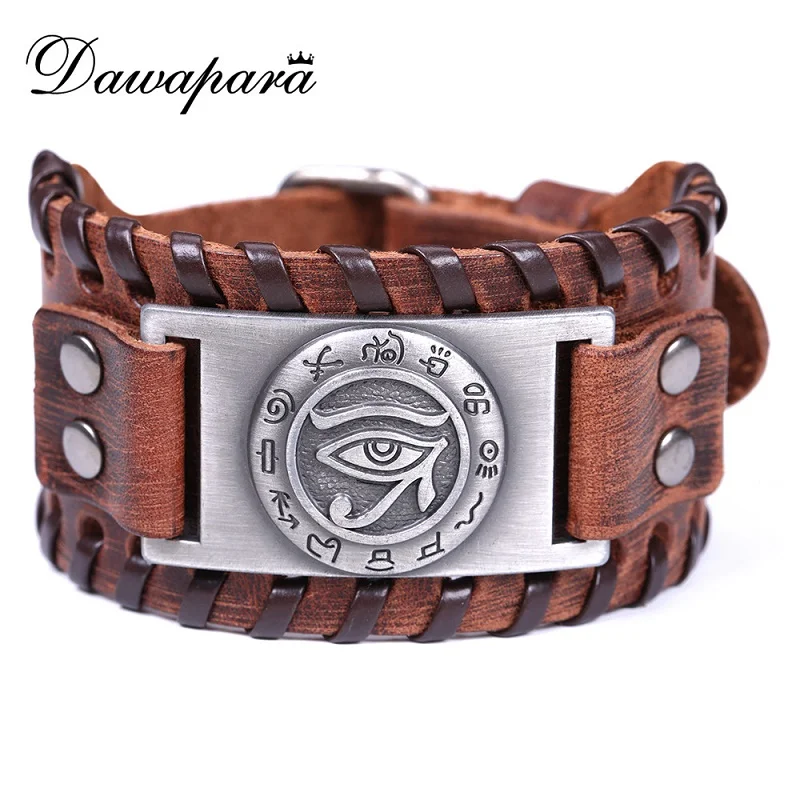 Dawapara Eyes Charm Genuine Leather Bracelet Bangles For Men's Wide Adjustable Antique Bronze Bracelets Men Jewelry | Украшения и