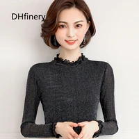 dhfinery shiny silver thread lace top women autumn winter long sleeve stand collar t shirt black one size mesh tshirt h8336