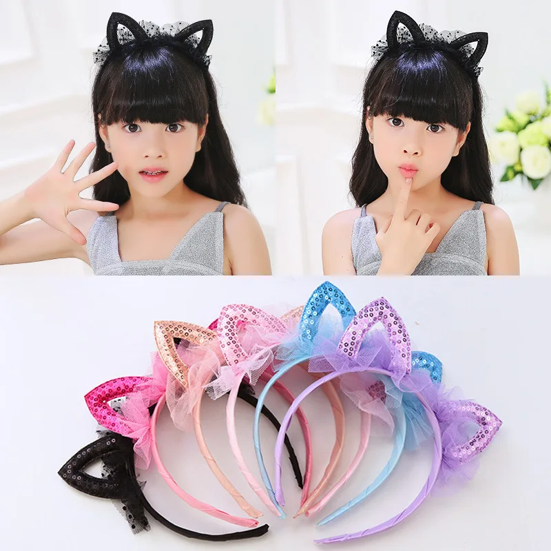 Novelty Kids Cat Ears Mesh Headband Sequins Hair Head Hoop Band Accessories Cute Girl Hairband Princess Crown Tiara Headwear 1pc