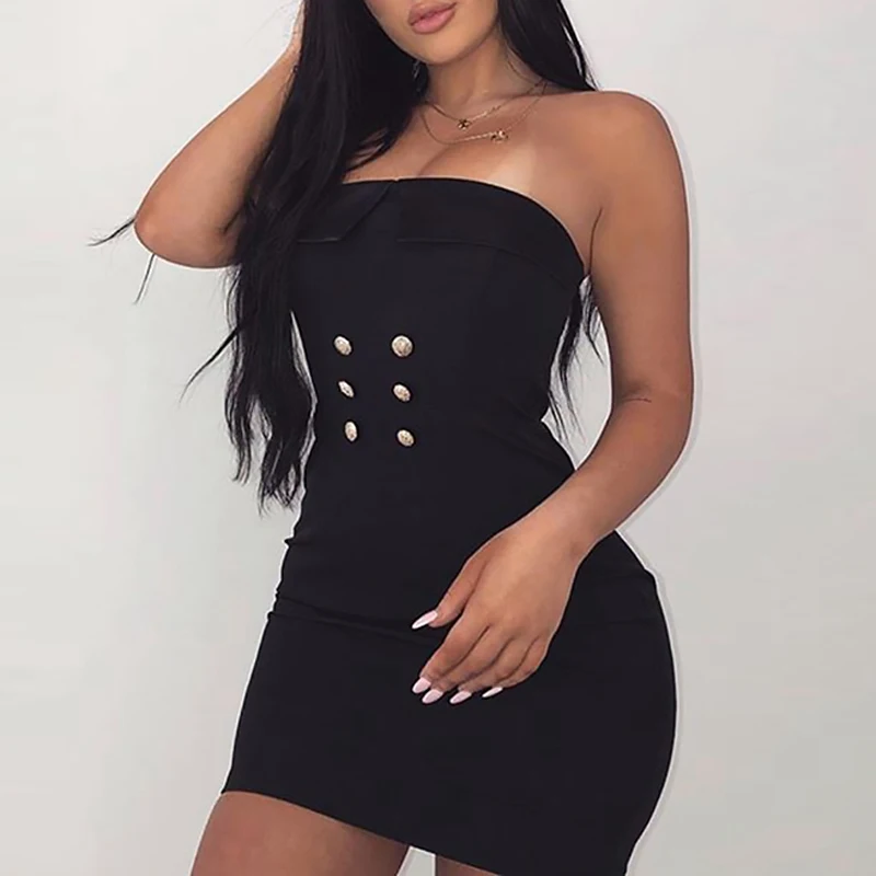 

Beateen 2019 New Collection Women Sexy Strapless Sleeveless Botton Party Fashion Bodycon Mini Dress Out Club Clothing