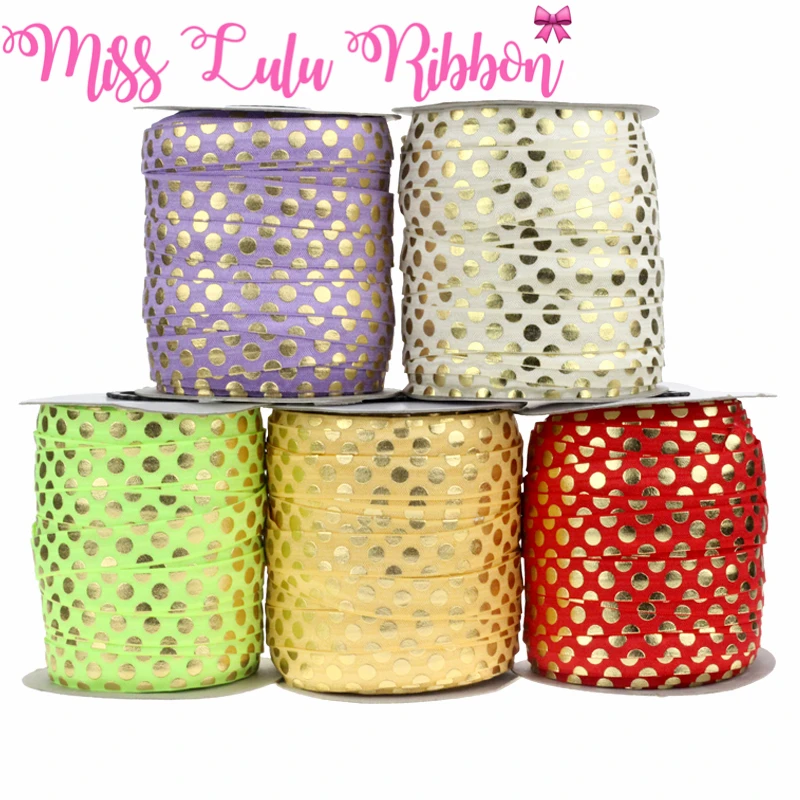 

5/8"16mm(1.5cm) black gold foil polka dots printed fold over elastic ribbon glitter band handmade hair bows sewing tool 50 yards