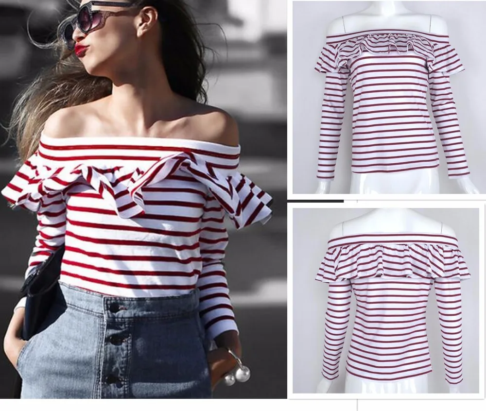 Новая дамская мода в полоску с открытыми плечами Slash Средства ухода за кожей шеи