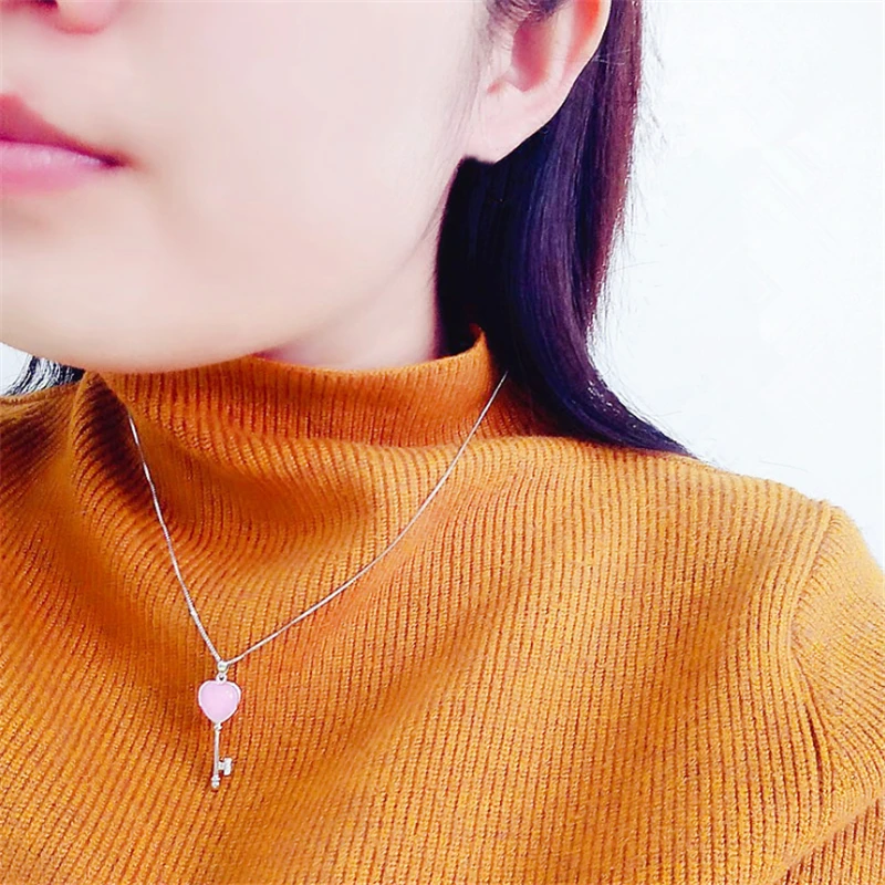 

2019 new korean style key pink stone pendant necklaces for women ladies box chain statement jewelry KXL1181