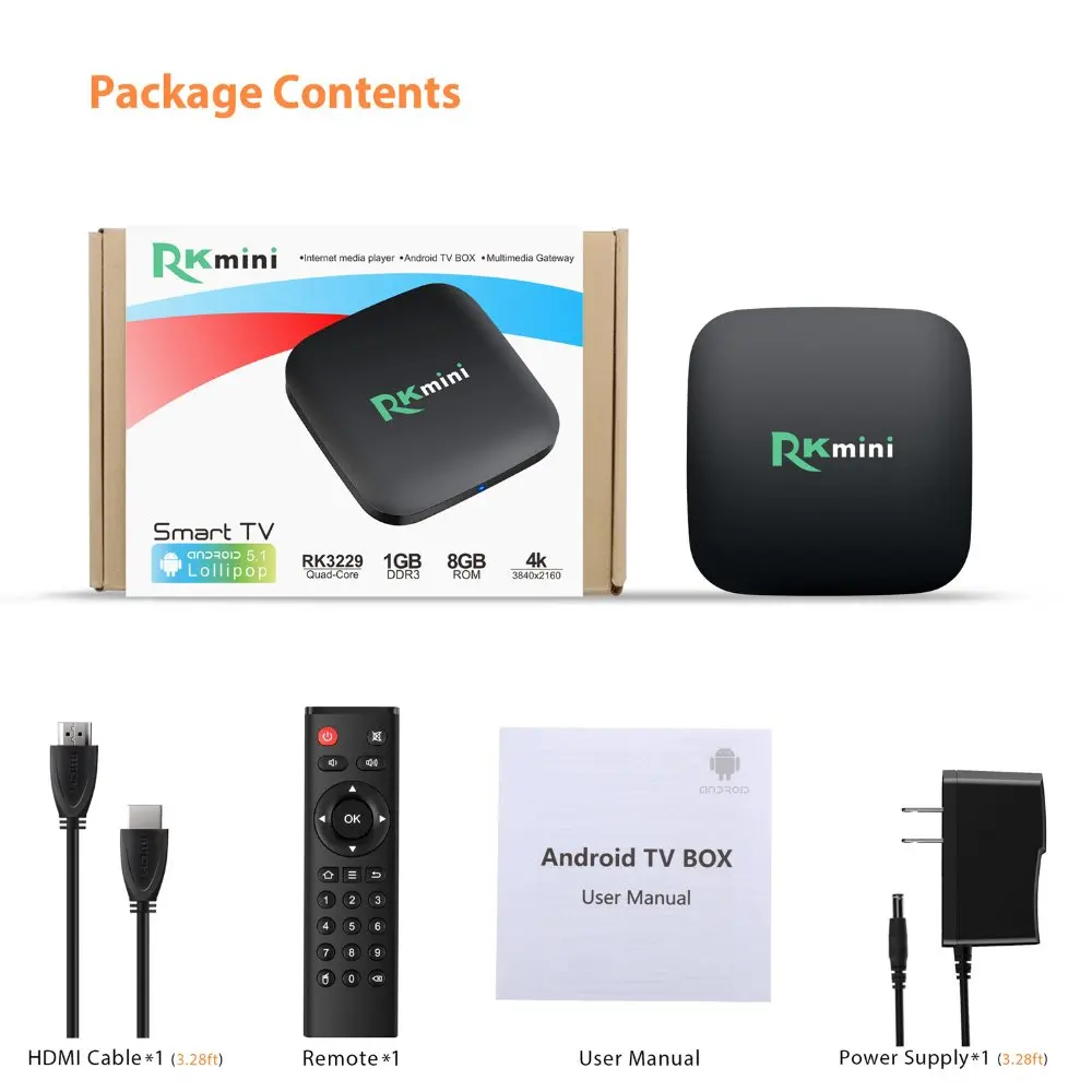 Qacqoc rkmini Android 5.1 ТВ коробка с RK3229 4 ядра 1 г/8 г H.265 видео декодер LAN Miracast